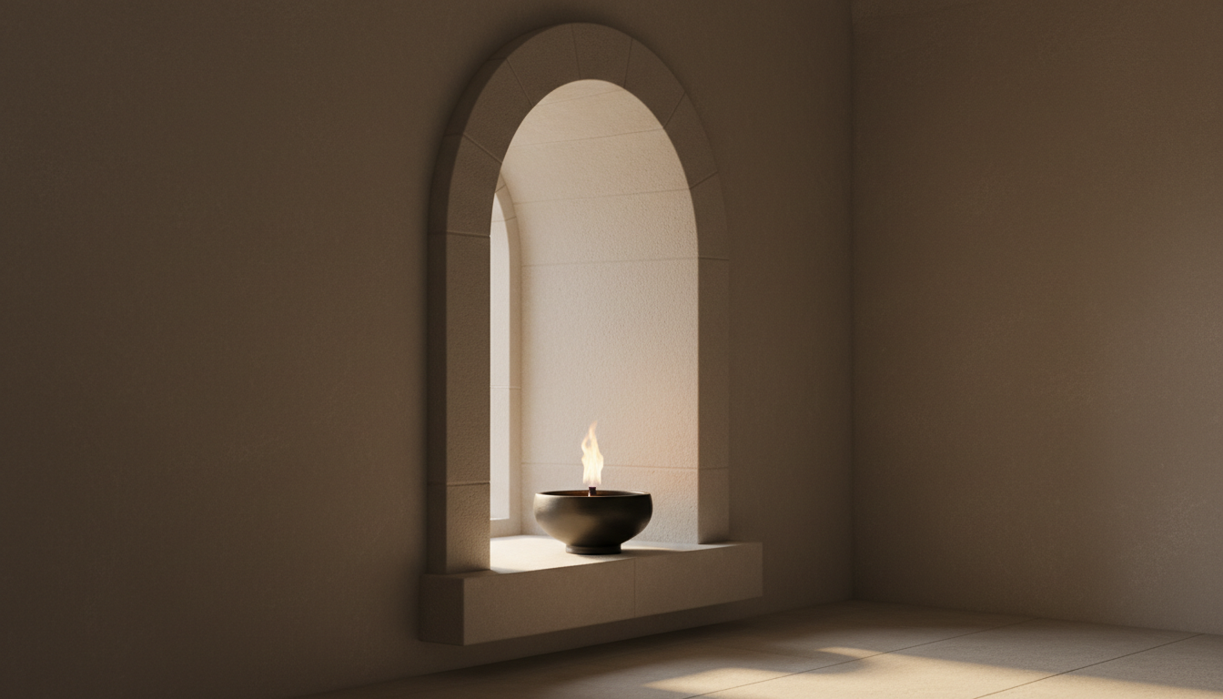An elegant, matte-black ceramic oil lamp with a soft, flickering flame rests on a refined stone ledge beneath a vaulted, minimalist archway. A background wall, painted in muted taupe with subtle texture, creates a quiet, contemplative setting. A soft golden hour glow filters gently through a high arched window, creating subtle highlights on the lamp's rim and casting understated, sweeping shadows onto the surrounding stone. The mood is peaceful and sacred, with an emphasis on personal connection to the divine. Photographed from a low, slightly off-center angle to add depth and visual interest, the image uses balanced negative space and minimalist composition in a photographic realism style.