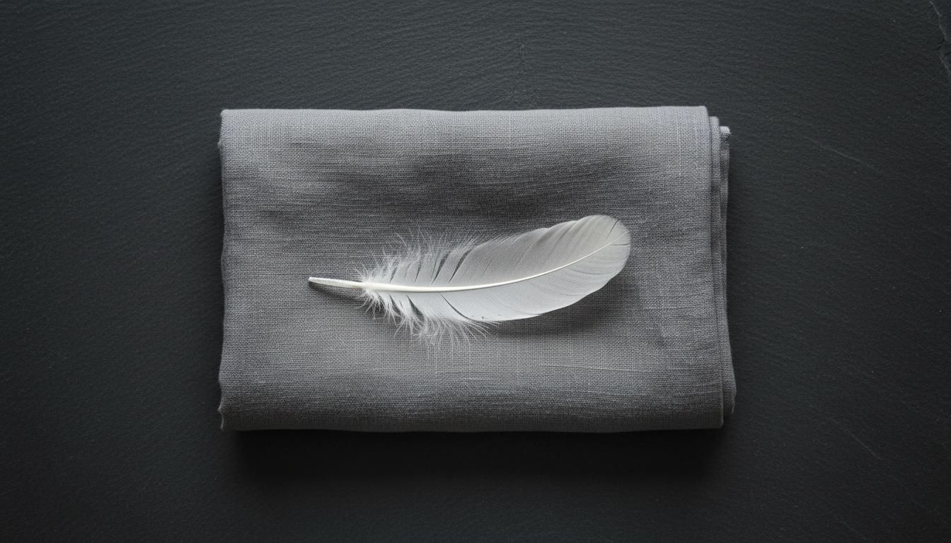 A delicate, translucent feather—its barbs and vane detailed and pristine—rests atop a folded linen cloth of subdued grey. The cloth sits centered on a smooth, untouched slate surface. Ambient, diffused natural light bathes the scene, creating soft, gradual gradients and enhancing the feather's luminous texture. The overall atmosphere is still, contemplative, and imbued with subtle elegance. The photo is taken from directly above, utilizing a flat lay, minimalist composition to highlight the feather’s refined, ethereal presence against the sophisticated materials. The image is completed with a muted color palette and harmonious arrangement that aligns with the site's sophisticated and spiritually-focused aesthetic.
