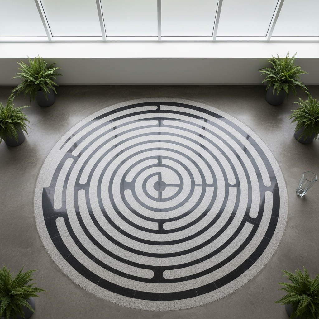 A polished stone labyrinth, crafted from smooth slate and pale granite, sits in the middle of a serene, minimalist indoor space. The labyrinth is positioned atop a muted concrete floor, surrounded by understated potted ferns and a single crystal glass vase. Diffused overcast light enters through a high, frosted skylight, softly illuminating the labyrinth's intricate patterns and casting gentle gradients around its edges. The atmosphere is serene and meditative, inviting inward exploration. Captured from a bird’s eye view with crisp focus throughout, the composition centers the labyrinth, emphasizing symmetry and order. The photographic style is sophisticated, featuring subtle gradients and an elegant, understated color palette.