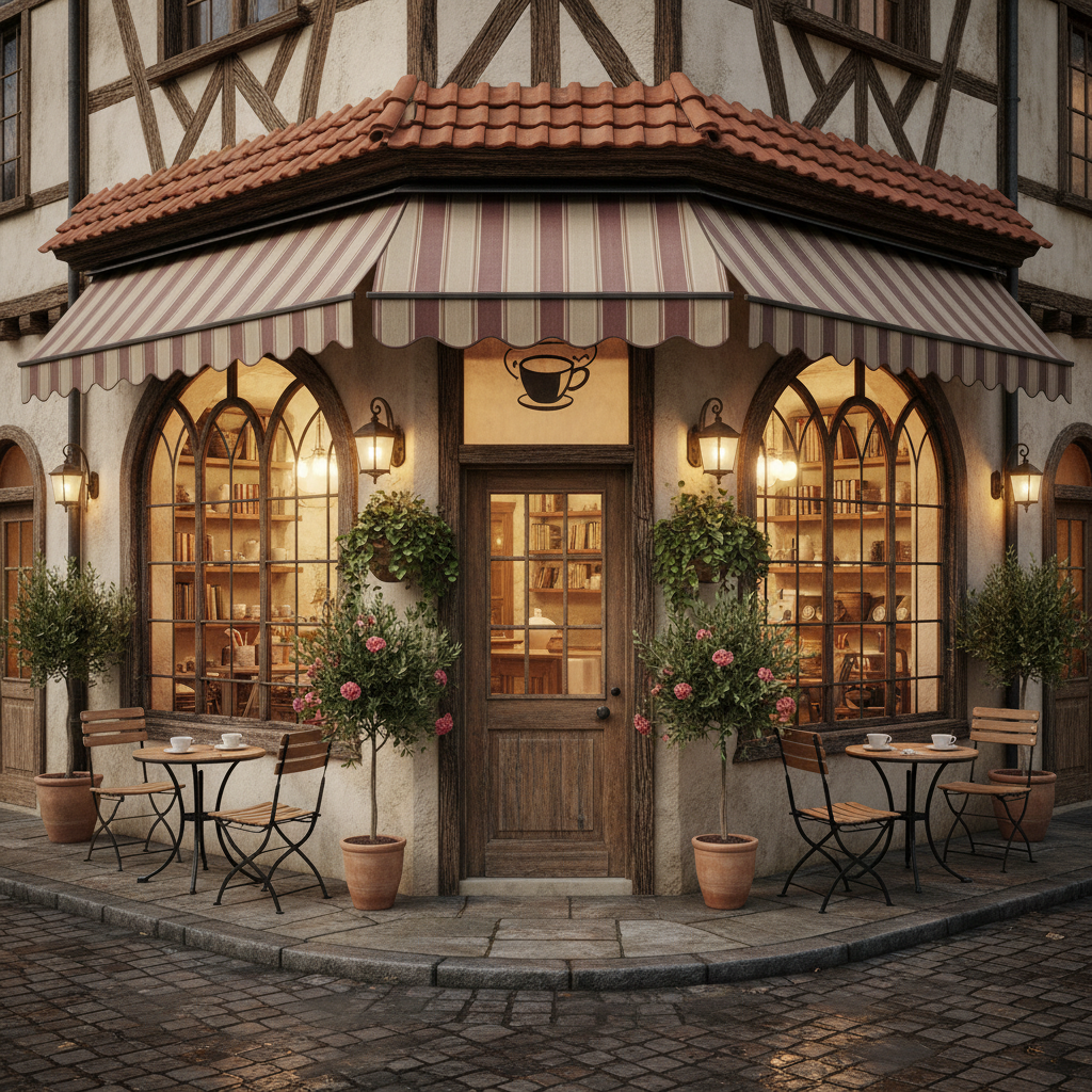 quaint corner coffee shop, exterior view, no people, no shop name visible, just the shop itself, charming, inviting, European vibe
